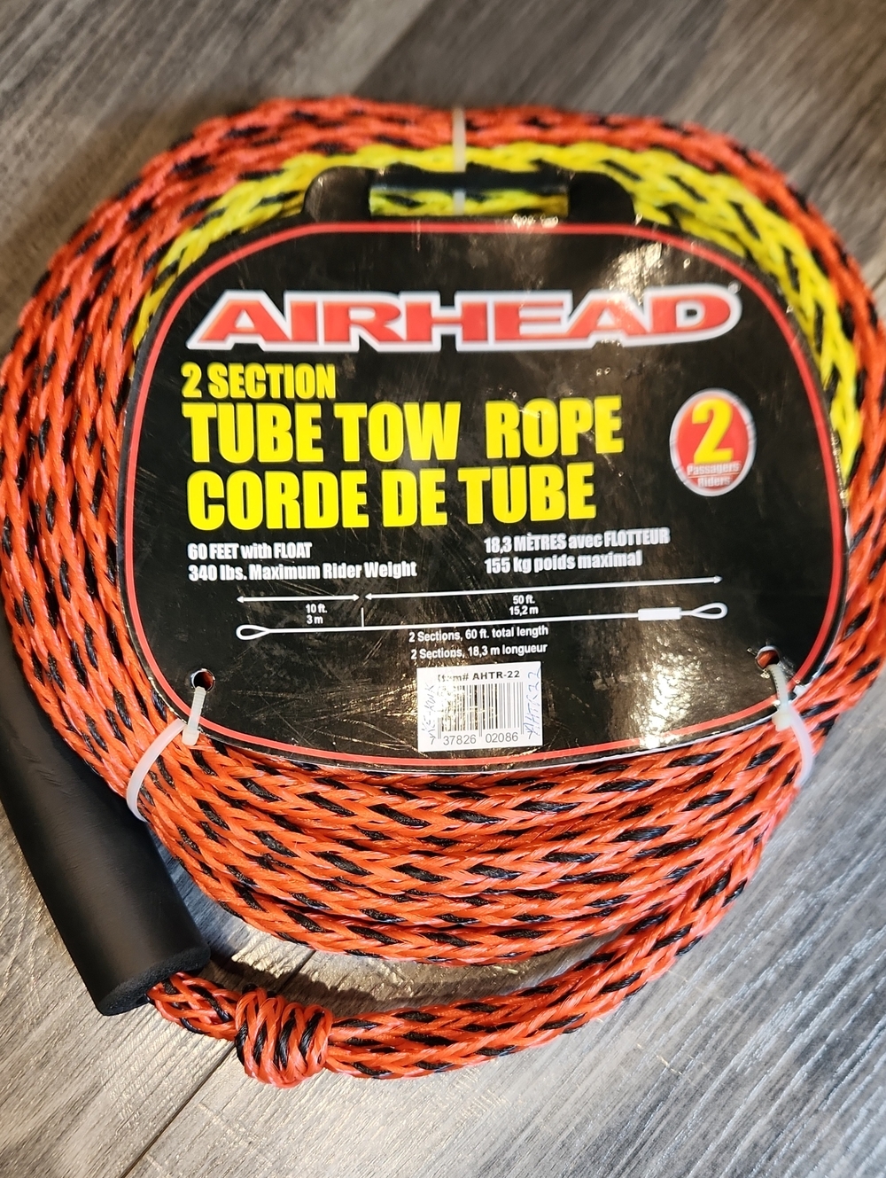 NWT Airhead Red & Black 2-Section Tube Tow Rope 60' 2 Passenger